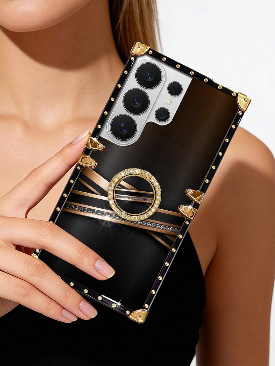 Ốp điện thoại kiểu cổ điển, màu đen, họa tiết đan chéo, hình chữ nhật, chống sốc, tương thích với các dòng Galaxy S26 Ultra/S26/S26 Plus/S25FE/S25Ultra/S25+/S25/S24 Plus/S24/S24U/S23 Ultra/S22ULTRA/A56 5G/A36/A17/A16 và 17proamx/17/16 Promax/16/15PRO Max/15/14 Plus/15plus/14 Pro Max/13promax. [Phiên bản quốc tế, không phải nội địa] - Màu đen + Giá đỡ nhẫn - Xem 1