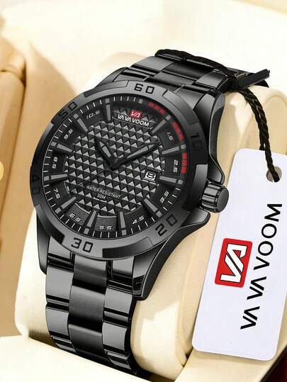  VA VA VOOM 品牌黑色不锈钢男士石英表，单只装，带日历功能，三针石英机芯，运动风格男士腕表，适合日常休闲佩戴