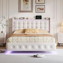 Caluself 140/160 X 200 Cm Floating Bed, Double Bed, Hydraulic Bed, Upholstered Bed, Youth Bed Frame, Padded Bed, Bedroom Bed Frame, White/Grey Velour Fabric - 米色 - 查看 2