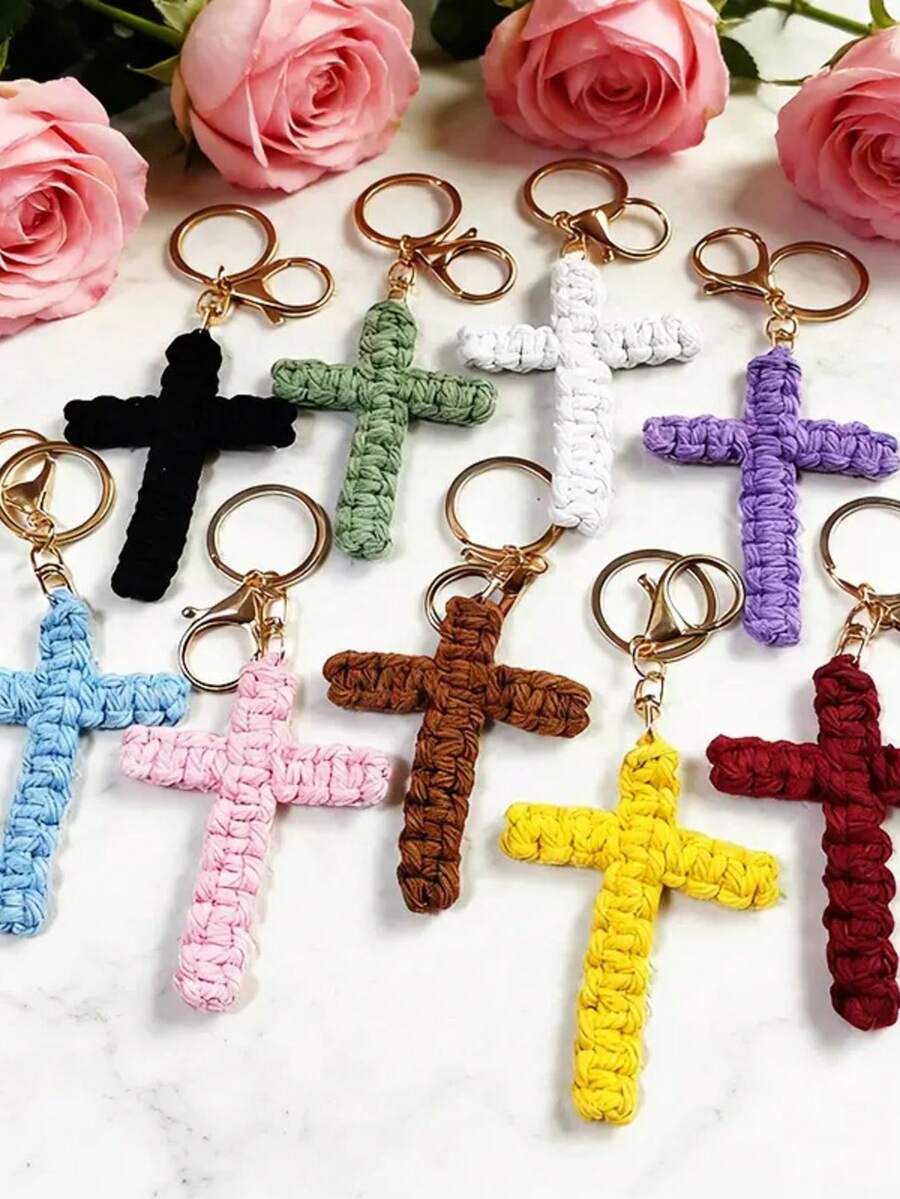 1pc Boho Style Rope Woven Cross Key Chain, Handmade Braided Religious Bag Charm, Christian Faith Metal Keyring Unisex Accessory - Multicolor - View 1