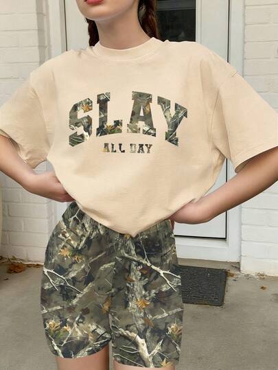 2pcs Camo Aesthetic Set For Teenage Girls, "SLAY ALL DAY" Letter Print Top And Shorts, Suitable For Casual Gatherings And Summer Wear