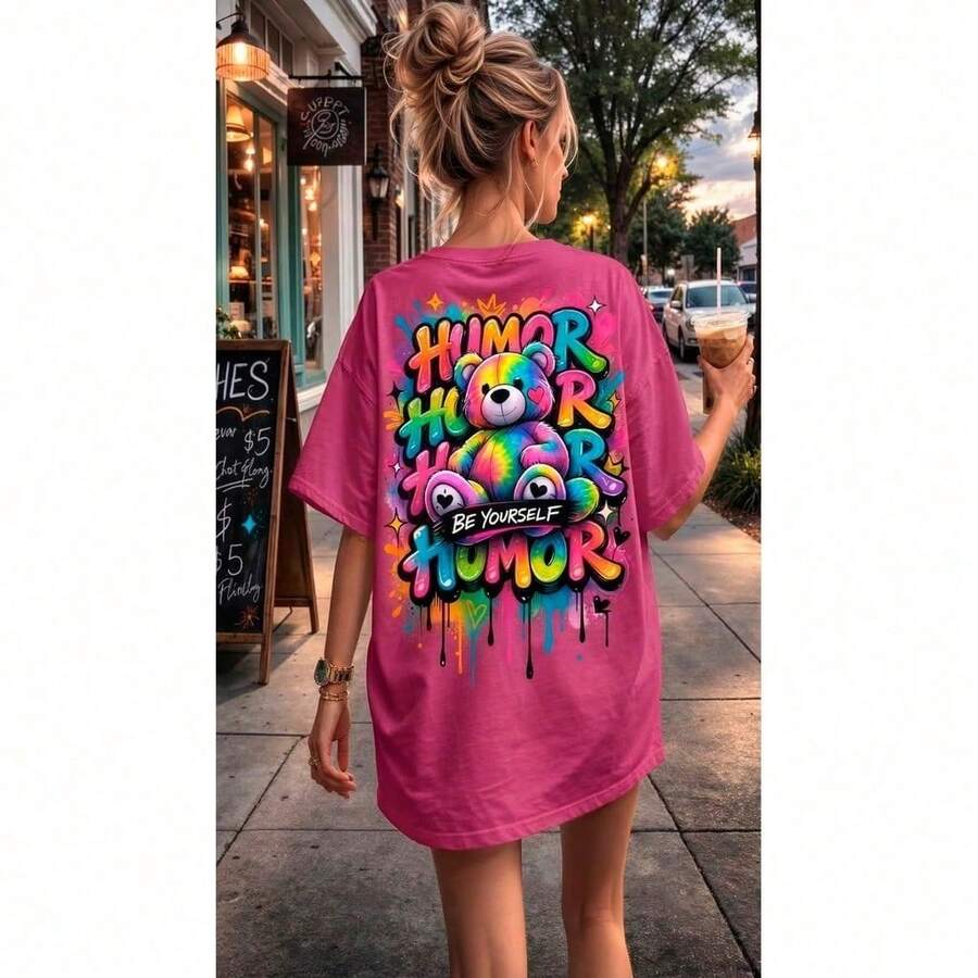 Stylish Oversized Boxy T-Shirt For Women, Graffiti, 100% Cotton, Casual Streetwear - 玫紅色 - 查看 1