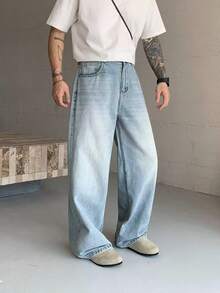 Jeans holgados de corte retro para hombres, multiusos y casuales, aptos para todas las estaciones - Celeste - Ver 2