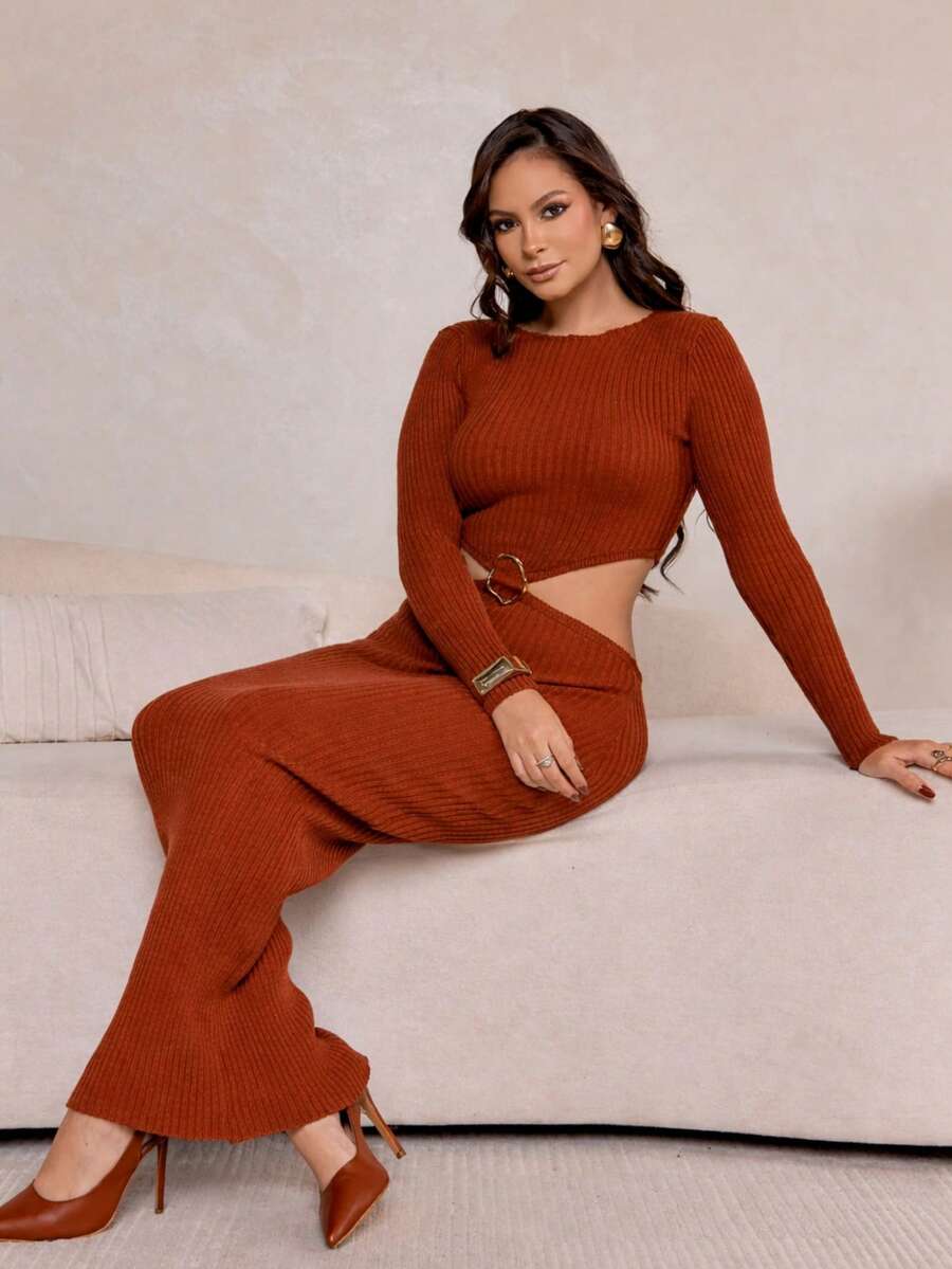 ✨ Vestido Tricot Modal Canelado Luxo Glam Recorte Laterais Power Elegance Premium - Laranja Queimado - Visão 1