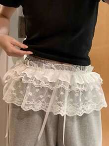 1pc High Waist Lace Slip Shorts Skirt, Lace Hem Elastic Waist Modesty Skirt - Multicolor - View 7