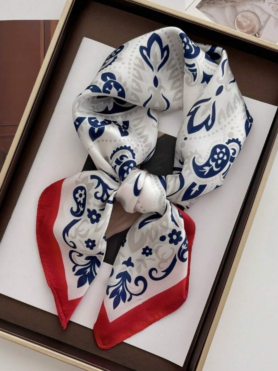 1pc 70*70cm Square Silk Scarf, Women's Satin Printed Headscarf, Neckerchief, Headband, Fashion Ladies Shawl, Scarf - Red Edge Blue and White - View 1