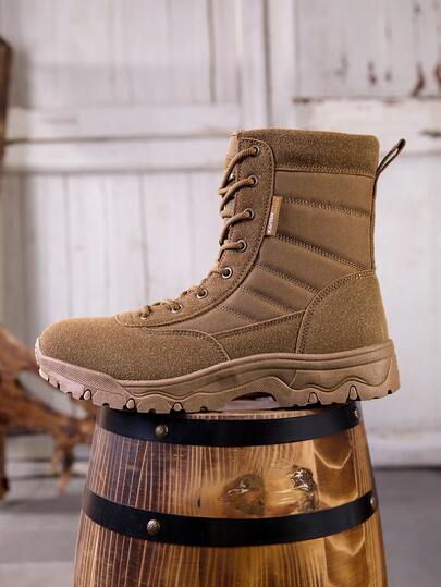 1 Pair Men's High-Top Tactical Boots | Side Zipper + Lace-Up Design | Fabric Patchwork Upper | Durable Rubber Outsole | Military Style Work Boots For Outdoor Hiking & Trekking | Multi-Color Options | Comfortable For All Seasons