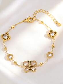 Vòng tay hình bướm và cỏ ba lá mạ vàng 18K đính pha lê, phong cách Bohemian, trang sức mùa hè đi biển, dây chuyền thép không gỉ có thể điều chỉnh. - Vàng - Xem 2