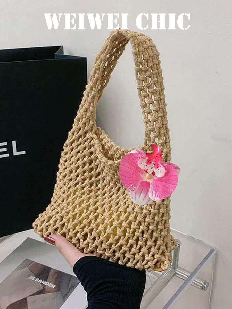 1个波西米亚风镂空钩编手提包，饰以粉色兰花，轻盈网状编织手提包，配有三角形提手，非常适合海滩旅行和休闲外出。 - 卡其色 - 查看 1
