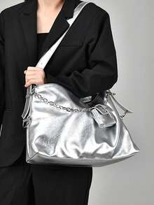 Unique Solid Color Shoulder Bag, Women's Large Capacity Multi-Function Fashion Handbag, Business Trip Travel Portable Quick-Lock Bucket Bag - Silver - View 3