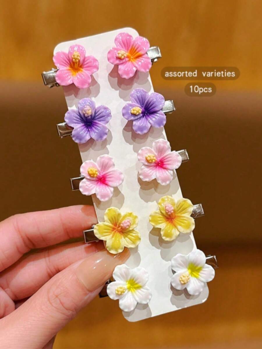 10 piezas de pinzas para el cabello con flores lindas de colores aleatorios, accesorios de cabello de estilo dulce para uso diario - Multicolor - Ver 1