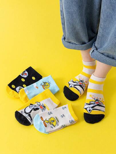 Noctvar OBM Sleepwear X LOONEY TUNES 5双装儿童笑声快车短袜，印有滑稽大猫图案，可爱卡通船袜，兔八哥设计，适合男孩，夏季彩色中筒袜，可爱卡通独特图案，时尚休闲透气学生袜，适合日常穿着、返校季、节日礼物