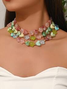 1 Set Fashionable & Elegant Bohemian Style Irregular Stone-Shaped Multi-Color Resin Beaded Necklace, Including 3D Colorful Heart, Starfish, Bowknot Pendants, Suitable For Fashionable Beach Party Wear, Unique & Charming Design For Stylish Ladies. The Resin Patterns And Pendant Quantities Are Randomly Distributed Due To The Handmade Stone-Imitation Production Process. - Multicolor - View 10