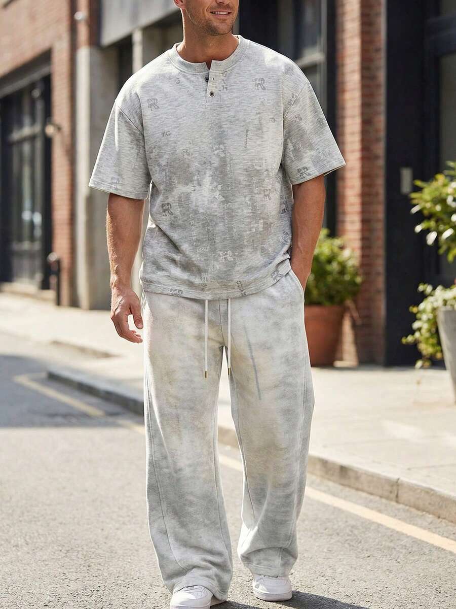 男士休闲纽扣短袖T恤和抽绳长裤套装 - 淺灰色 - 查看 1