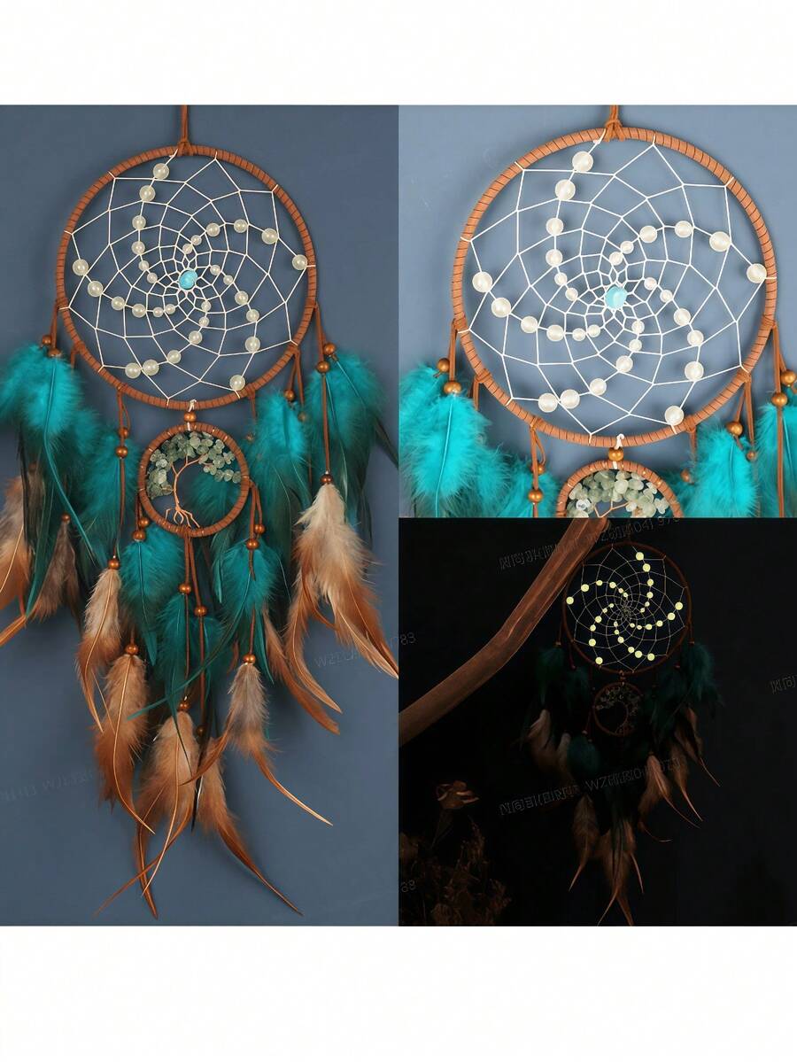 1 pieza Atrapasueños decorativo con cuentas que brillan en la oscuridad, árbol de la vida de doble anillo, estilo bohemio, decoración colgante de pared (las plumas son artificiales) - Anillos dobles luminosos - Ver 1
