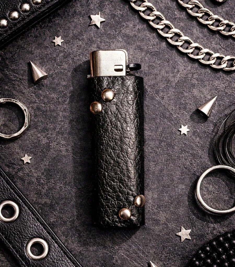 encendedor decorado con vini piel y estoperoles moda rocker dark gótico biker accesorio personal de bolsillo cocina esoterismo - Negro - Ver 1
