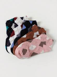 5/10 双装 女士菱形图案复古时尚舒适透气短袜 - 彩色 - 查看 3