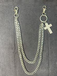 交叉裤链，带龙虾扣吊坠的腰链，钱包链，复古链，双层链，嘻哈朋克风，牛仔裤链，口袋链，男士钥匙链，多元素裤链 - 古銀色 - 查看 3