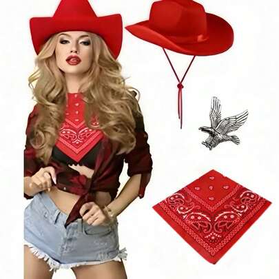 Bộ trang phục cao bồi miền Tây 3 món - Mũ cao bồi đỏ + Trâm cài áo + Khăn rằn đỏ, thích hợp cho các bữa tiệc, họp mặt, biểu diễn và các dịp khác.