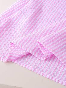 Set de 2 vestidos de tirantes de verano a rayas para niñas pequeñas, opciones de color rosa y azul, con tirantes decorativos 3D con flores, tela de burbujas transpirable, silueta holgada tipo A, vestido dulce y lindo para uso al aire libre - Multicolor - Ver 6