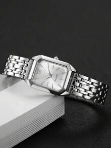 1pc Women's Fashion Square Roman Numeral Dial Quartz Wrist Watch, Classic Elegant Style (Watch Only, No Box) - Silver - View 6