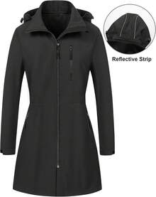 Women's Waterproof Long Trench Coat Fleece Lined Softshell Jacket Lightweight Hooded Raincoat Warm Windbreaker For Outdoor Running Hiking - 灰色 - 查看 3
