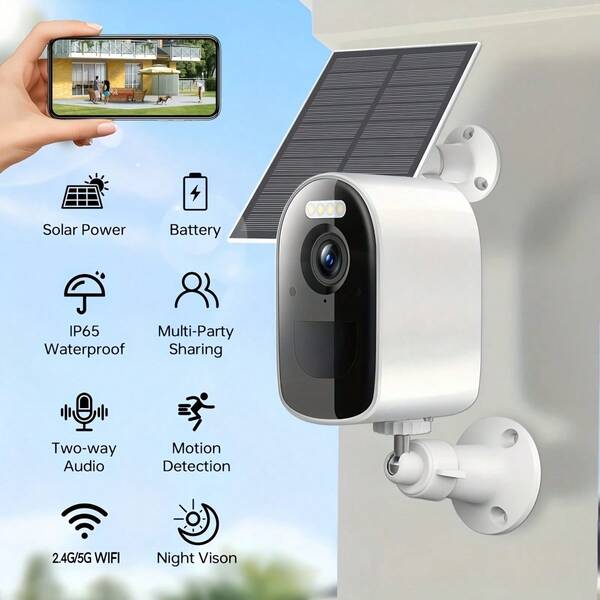 4MP Solar Powered WiFi Security Monitoring System - Outdoor Wireless Camera, PIR Sensor, Two-Way Audio, Full-Color Night Vision, Compatible With Alexa, Rechargeable Battery Powered, Indoor Monitoring. Stylish Camera Design. High-Resolution Recording. Ideal For Outdoor Gardens, Streets And Properties.