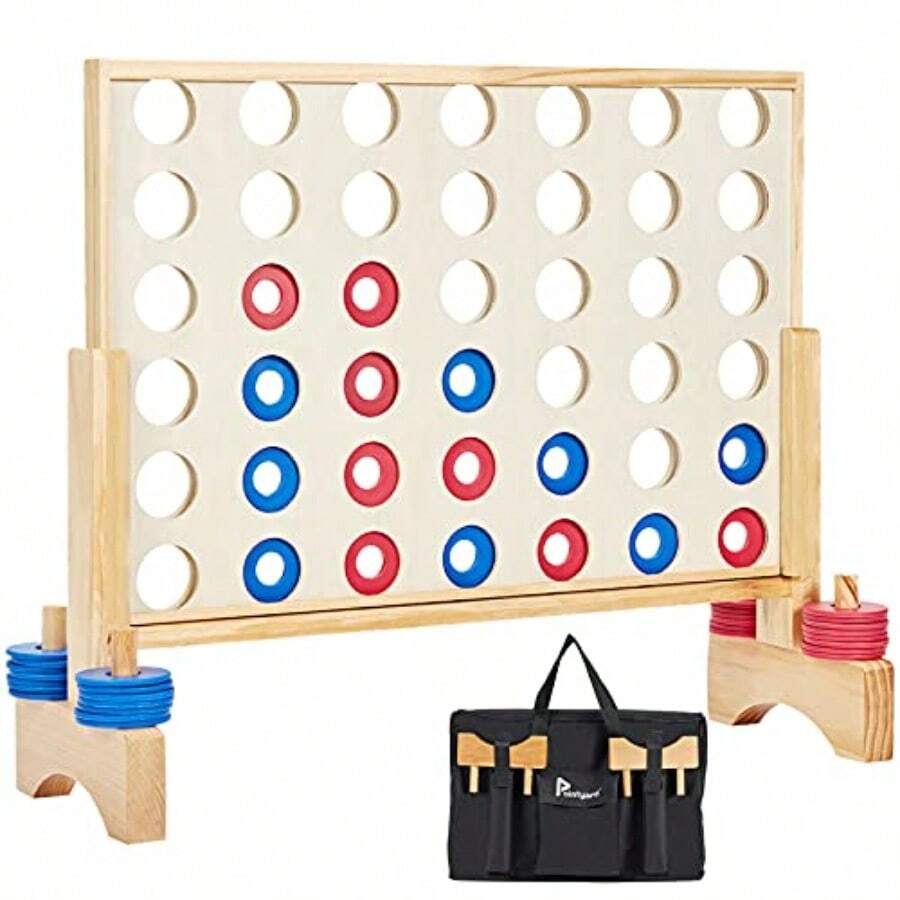 Pointyard Giant Wooden 4 in a Row Game 4 Feet Width Large Outdoor and Indoor Game Set with Coins and Carrying Bag - Line Up 4 Travel Board Games for Adults Family - como en la foto - Ver 1