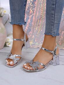 Teenage Girls' Butterfly Decor Transparent High Heel Square Toe Sandals - Silver - View 5
