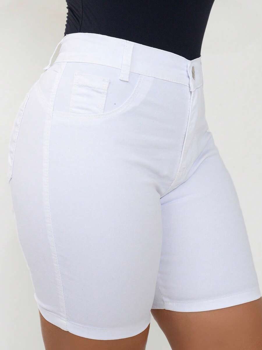 Women's White High-Waisted Mid-Thigh Shorts,  Casual Denim Clothing For Everyday Wear - BRANCO - 查看 1