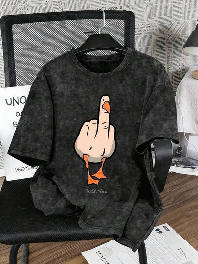 女士大码休闲服 | 幽默拟人化设计 | 鸭头和蹼状脚印取代手指 | 复古雪洗短袖T恤 | 适合户外活动 | 女士上衣 | 夏季服装 | 印花图案