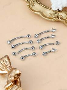 JIESIBAO 16G 眉钉耳骨弯杆套装 眉钉耳骨唇钉 男女通用 8-12mm 医用钢弯杆眉环 垂直唇钉 唇部饰品 - 彩色 - 查看 8