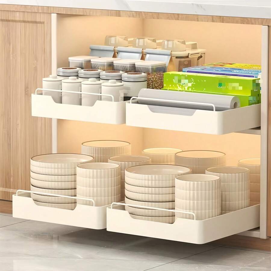 Multi-Size Pull-Out Storage Rack, No Drilling Required Under-Sink Cabinet Pull-Out Organizer | Kitchen Spice/Cookware Pull-Out Storage Rack | Sliding Drawer And Kitchen Storage Organizer