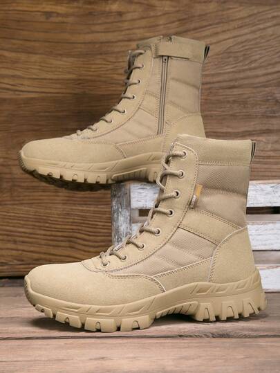 1 Pair Men's High-Top Tactical Boots | Side Zipper + Lace-Up Design | Fabric Patchwork Upper | Durable Rubber Outsole | Military Style Work Boots For Outdoor Hiking & Trekking | Multi-Color Options | Comfortable For All Seasons, Suitable For Outdoor Adventure, Combat Training And Daily Commute