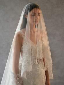 1 chiếc khăn voan cô dâu viền ren, thích hợp cho lễ cưới nhà thờ, làm đạo cụ chụp ảnh cưới, lễ đính hôn, phụ kiện cưới không kèm lược cài tóc. - sữa - Xem 3