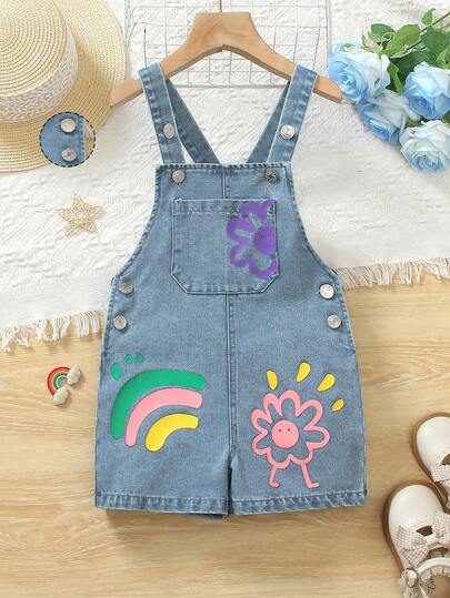 Girls' Denim Romper, Summer New Floral, Heart, Rainbow, Graffiti Fashion, Comfortable Soft Denim Bib Pants