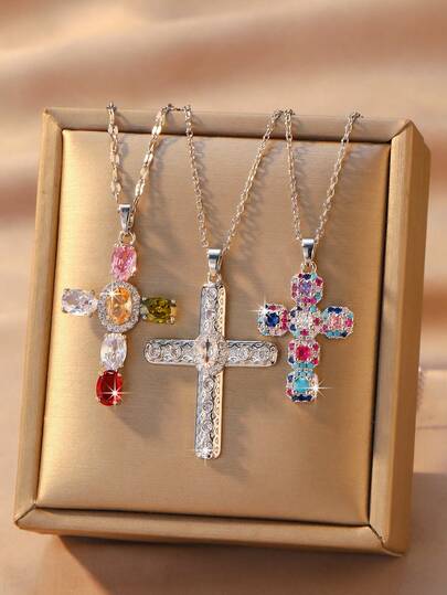 Set de 3 collares con colgante de cruz con circonita cúbica y cristales de color acero inoxidable, adecuado para uso diario