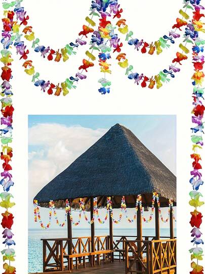 大型彩色夏威夷热带露营花环，充满活力的夏威夷花环 - 多色花带，适用于婚礼、派对、生日庆典、毕业典礼、一般派对装饰、夏季夏威夷宴会、节日装饰。易于悬挂，材质耐用，是节日购物者和活动策划者的理想之选。