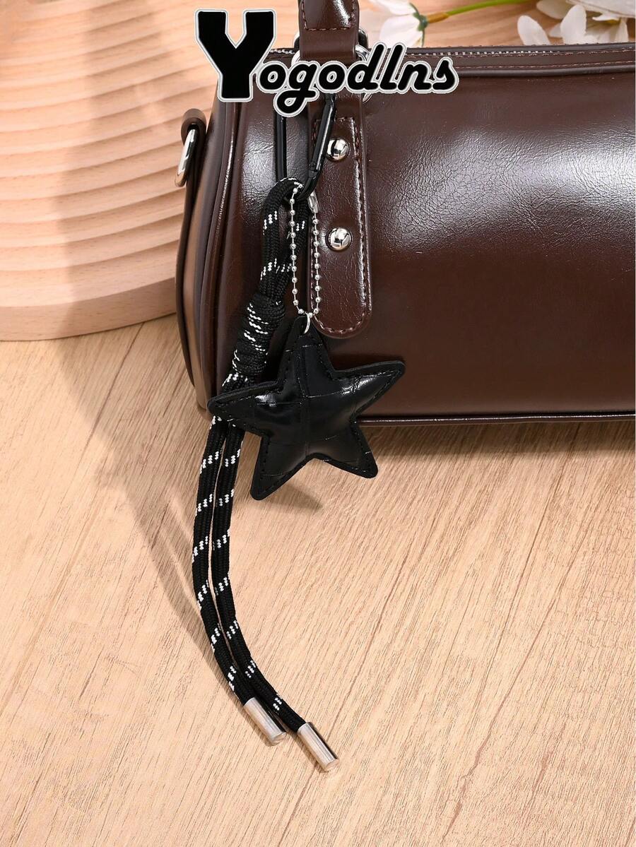 Yogodlns PU Leather Star Bag Charms Nylon Rope Hand-Woven Mobile Pendant Ins Single Button Tassel Keychain Bag Hanging Charm Bowknot Star Key Ring Versatile Keychain Pendant Exquisite Backpack Decoration Accessories Gifts - Black - View 1