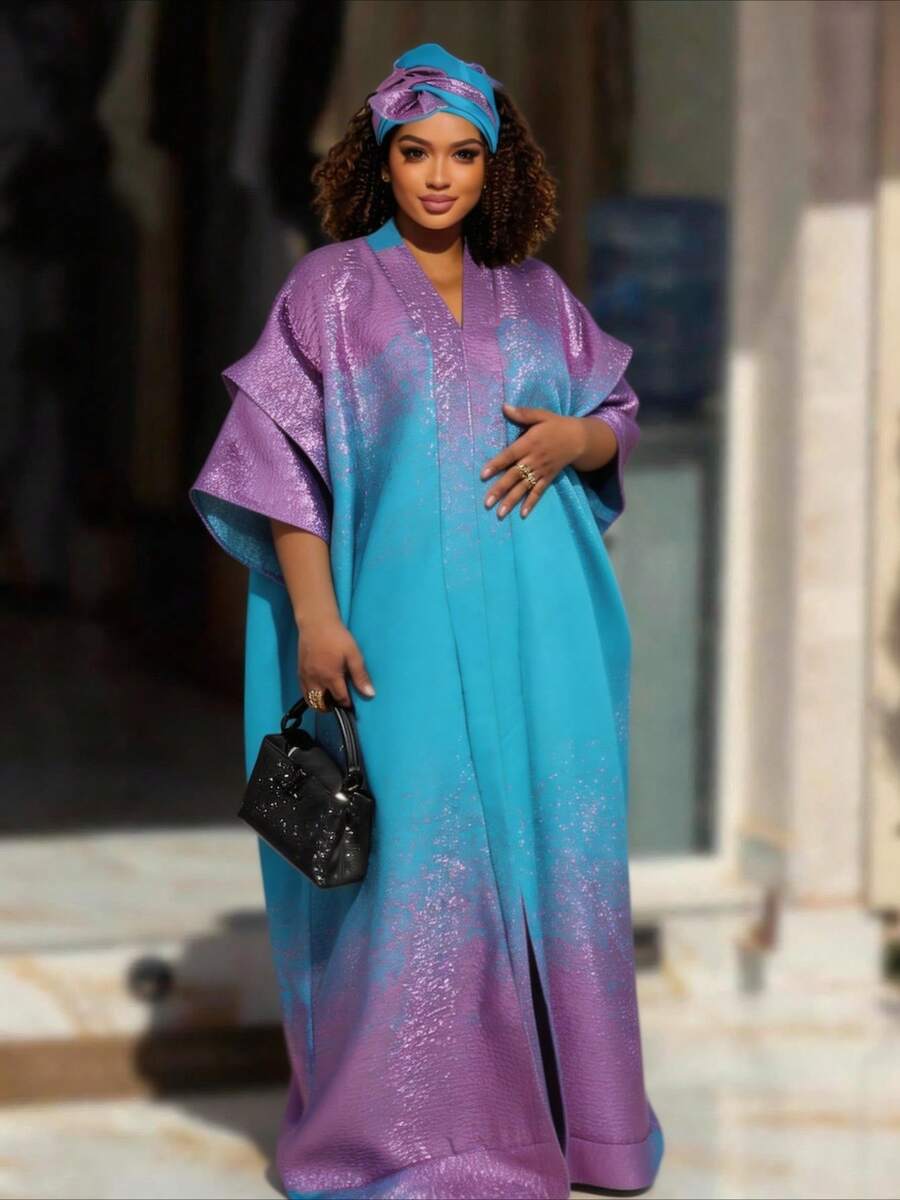 Plus Size African Print Satin Dresses 2 Piece Set Gradient Color Custom Made Elegant Women Outfit Fashionable Oversized Ladies Dress - màu xanh hồ - Xem 1