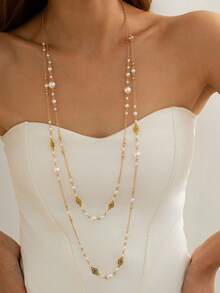 1件时尚复古INS星形流苏毛衣链，优雅仿珍珠多层长项链，女士款 - 彩色 - 查看 1