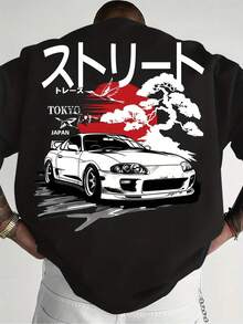 Camiseta gráfica para hombre inspirada en la moda callejera japonesa, con motivos de la cultura automotriz JDM y de Tokyo Drift, hecha de poliéster suave con un corte holgado, perfecta para el verano.Incluye caracteres japoneses y diseños de carreras. - Negro - Ver 8