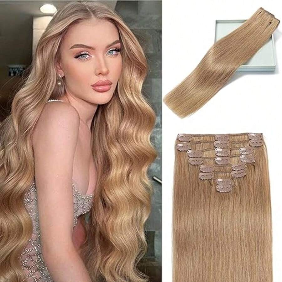 Hair Clip In Hair Extensions Straight Human Hair 27 Honey Blonde 8Pcs 110g Clip In Extensions 100% Brazilian Remy Clip In Hair Extensions Real Human Hair Extensions Clip For Women 24inch - S27 - 查看 1