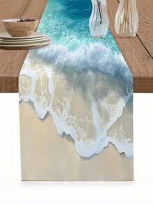 1件装清新海滨波浪桌旗，3D视觉蓝白渐变波浪粗麻布长方形桌旗/柜旗，室内外装饰，适用于日常、婚礼、节日家居装饰、餐厅、客厅、餐桌 - 藍白色 - 查看 3