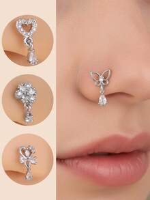1件/4件装 L型垂坠式锆石鼻钉 – 蝴蝶心形十字鼻环，金银色垂坠式鼻孔穿刺饰品，女士款 - L Shaped Pin - 查看 22