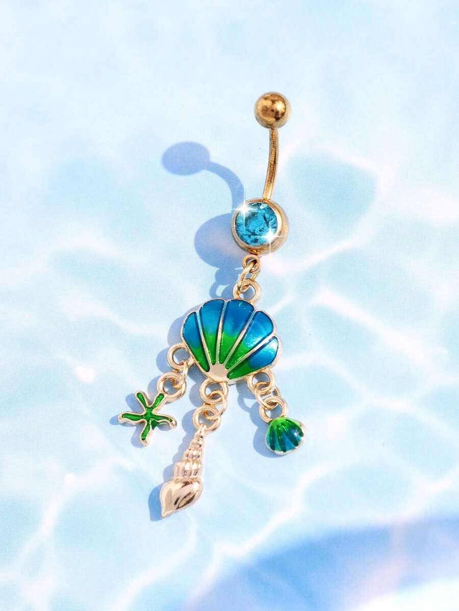 1 pieza Anillo de ombligo con diseño de concha azul, estrella de mar y caracol, de moda, exquisito, sexy y único, joyería de resort de playa para mujeres - Multicolor - Ver 1