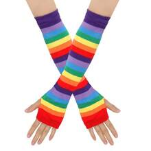 Rainbow Knitted Gloves Colorful Striped Arm Sleeves Party Gloves European And American Pride Colorful Holiday Party - 紅色羅口彩虹袖套 - 查看 1