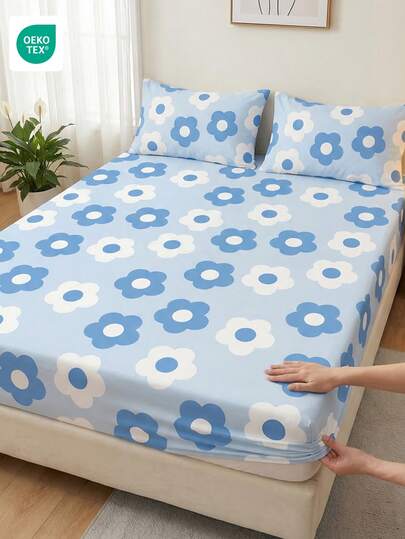 1件蓝色碎花床单，家居装饰，舒适家纺，透气防起球床垫保护套，柔软亲肤床上用品套装，适用于双人床、标准双人床、大号双人床、特大号双人床。不含枕头和枕套，可机洗，通过Oeko-Tex认证