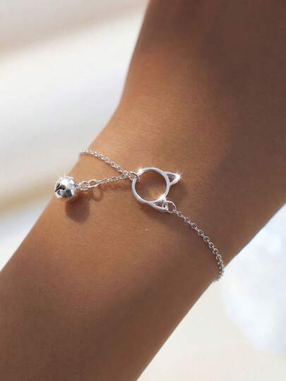 1pc S925 Sterling Silver Cute Hollow Cat Bell Tassel Pendant Bracelet, Unique Fresh Style Student Minimalist Accessory Gift For Friends
