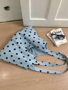 1pc Spring/Summer Korean Style Polka Dot Large Capacity Women's Shoulder Bag, Literary Fresh Crescent Bag, Durable Casual Vacation Cloth Bag, Available In Gray, Blue, Beige - A - View 11